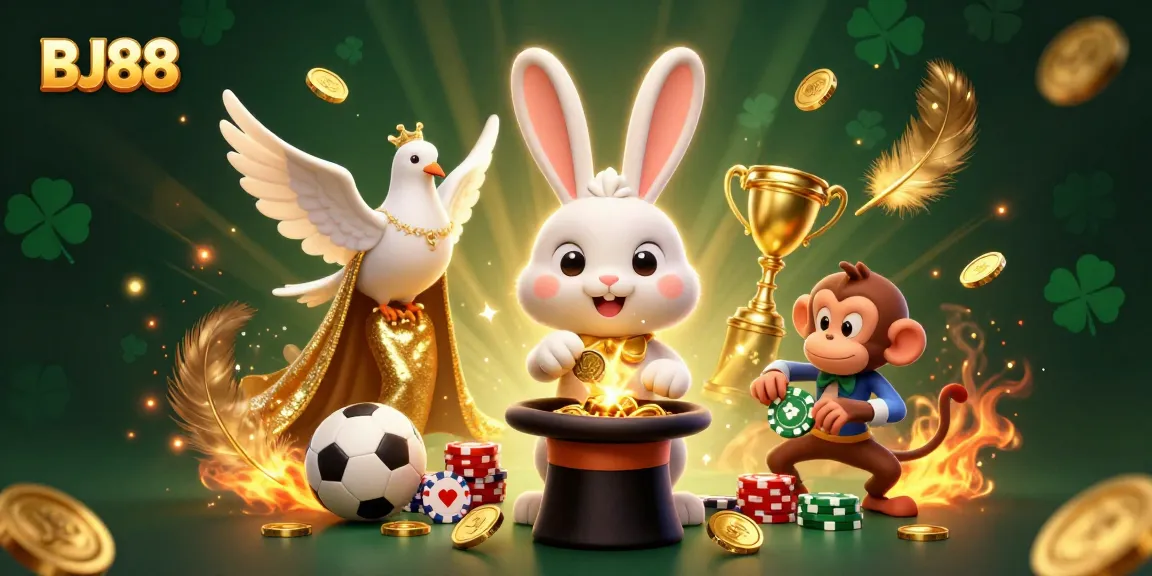 BJ88 showcases a vibrant scene with a magical rabbit, an elegant dove, and a playful monkey amidst thrilling sports betting elements.