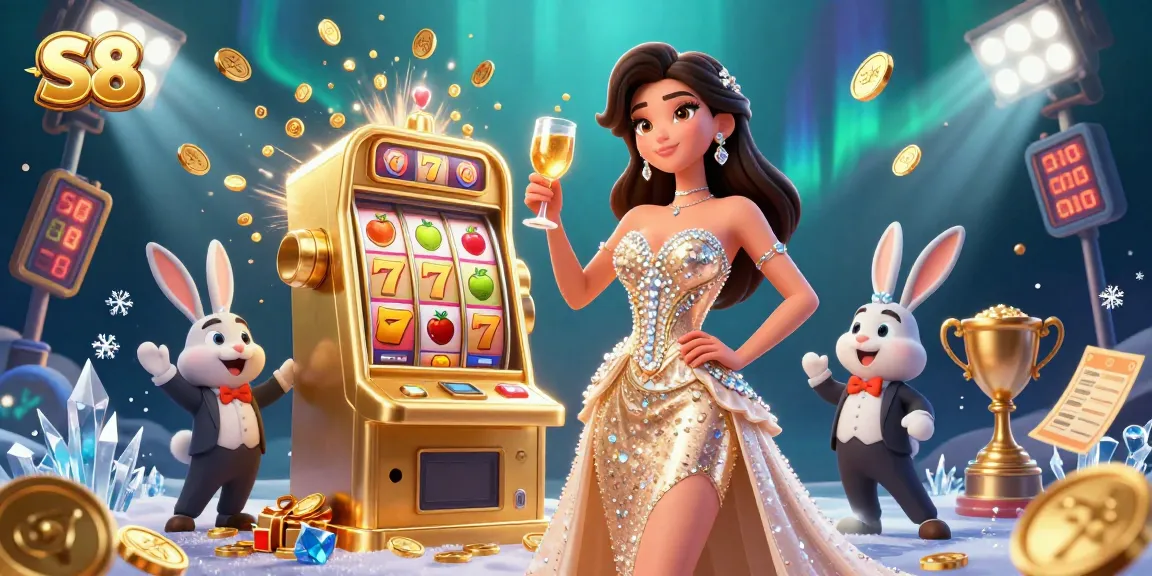S8 jackpot slot machine bursting with coins in a glamorous casino scene.