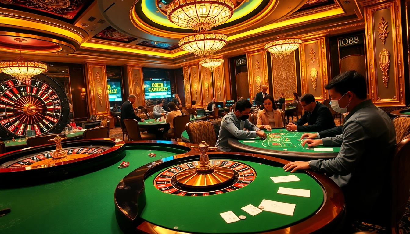 Players engaging in thrilling games at IQ88 casino with roulette and poker tables.