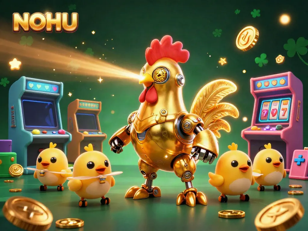 Engage with NOHU's thrilling slot games as the golden rooster leads a vibrant casino adventure.
