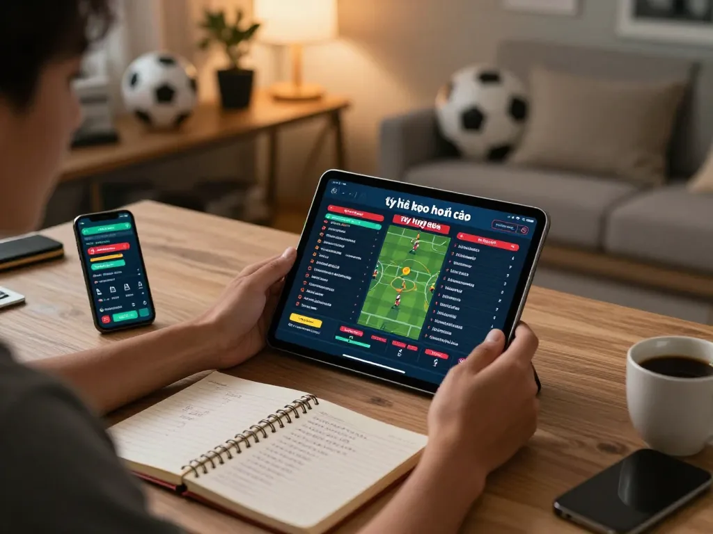 Engaged player analyzing tỷ lệ kèo nhà cái on a tablet in a cozy home betting setup.