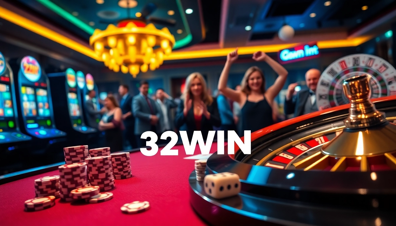 32WIN players enjoying a thrilling casino experience with vibrant slot machines and poker chips.