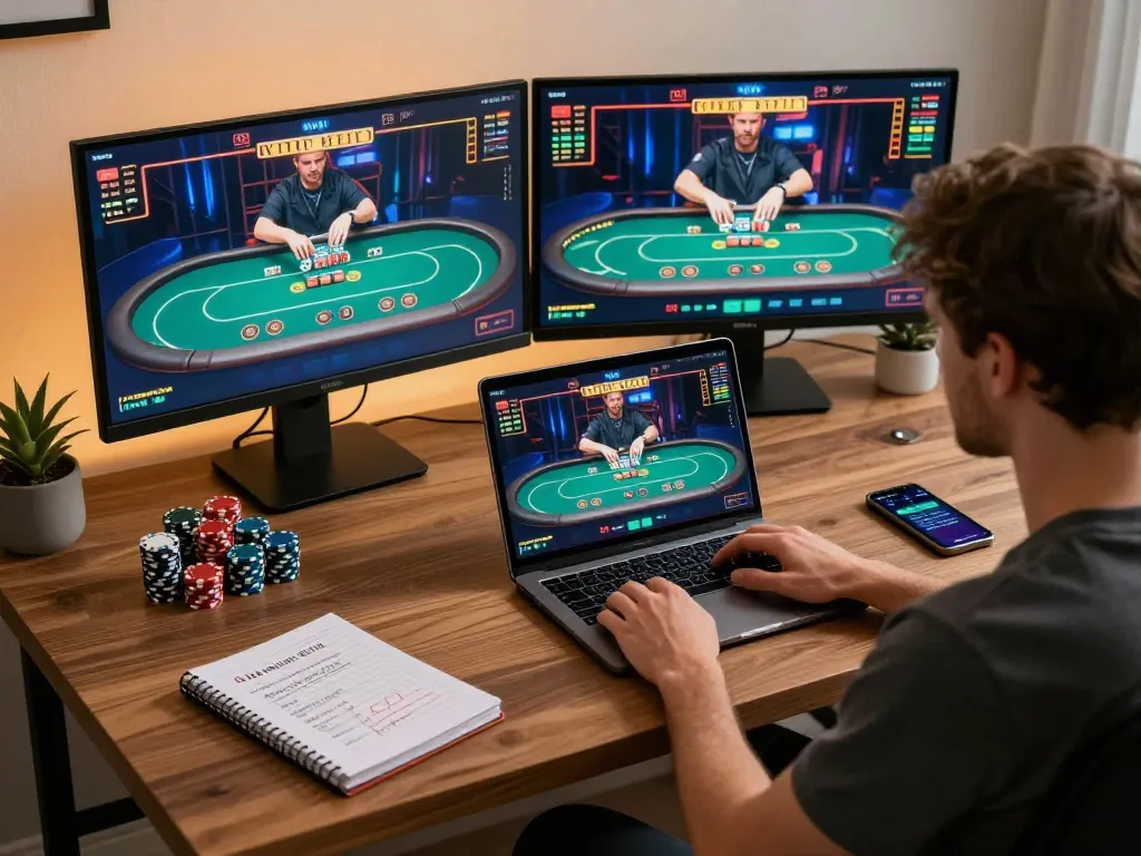 Player engaged in an online poker game on a laptop, showcasing the mb66 gaming experience.