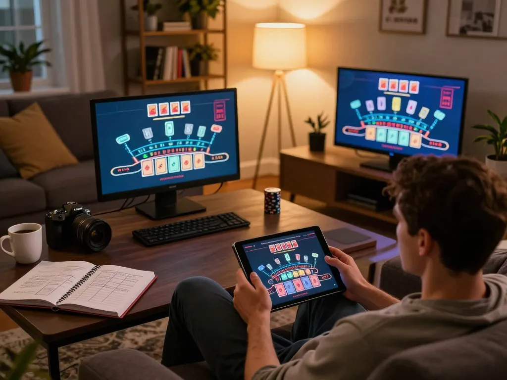 Person enjoying U888 online blackjack on a tablet in a cozy living room with strategy notes