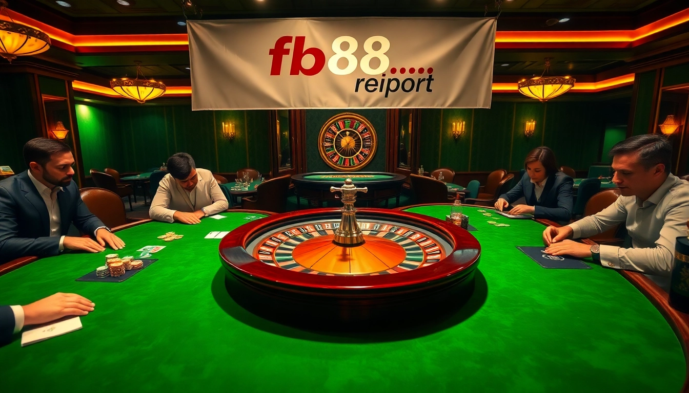 Experience thrilling casino action at fb88.report, featuring poker games with vibrant chips and players engaged in strategic play.