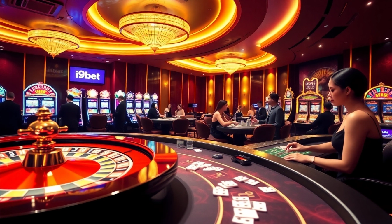 Experience the excitement of i9bet with a vibrant casino scene showcasing players at tables filled with chips and cards.
