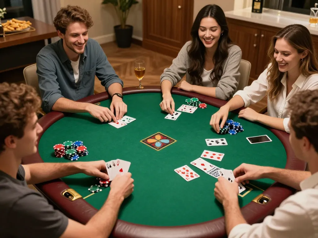 Friends enjoying a competitive poker night emphasizing gameplay strategies at 789WIN.