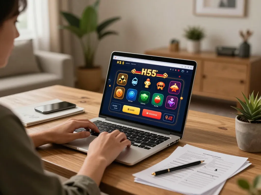 Person engaging in H5 browser play on a laptop in a cozy home office setting, showcasing online casino gameplay