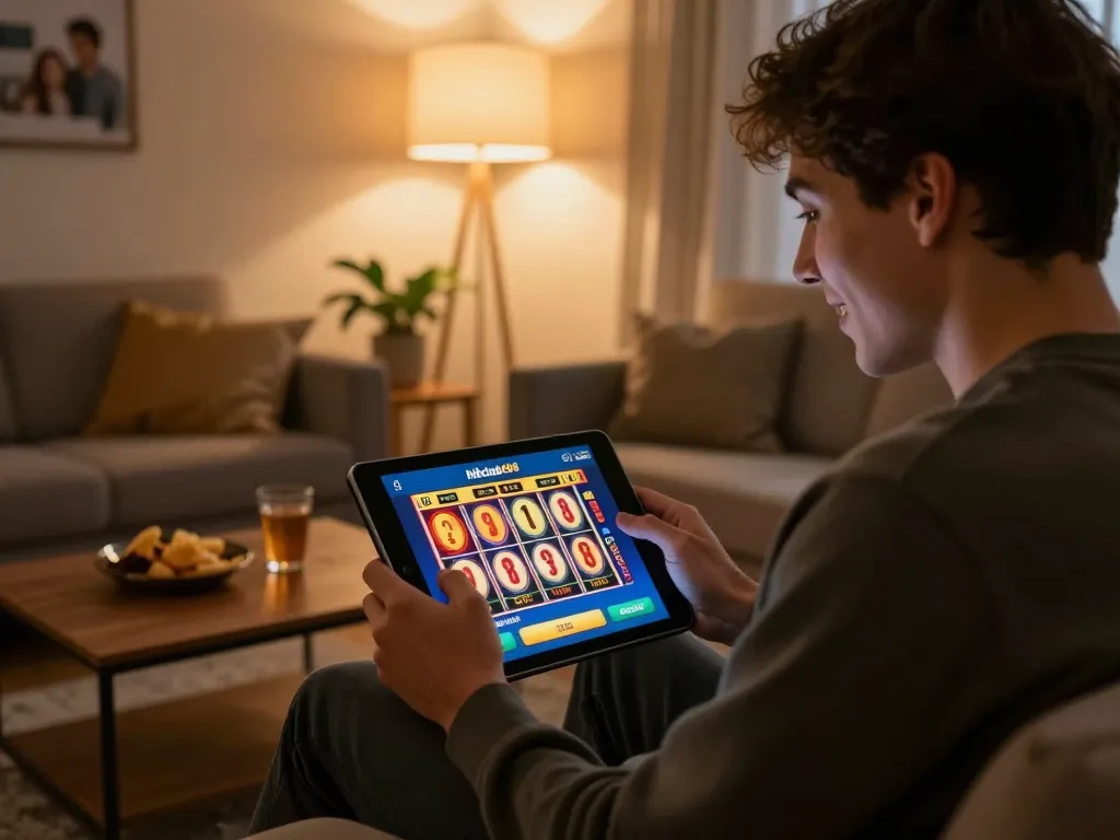 Engaging with hitclub368 online slots on a tablet at home, highlighting a cozy gaming atmosphere.