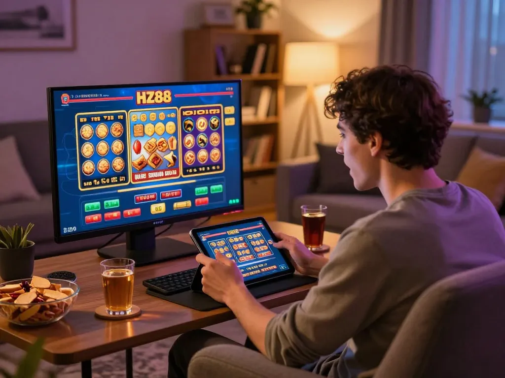 Engaged user playing HZ88 online casino on tablet in a cozy living room.