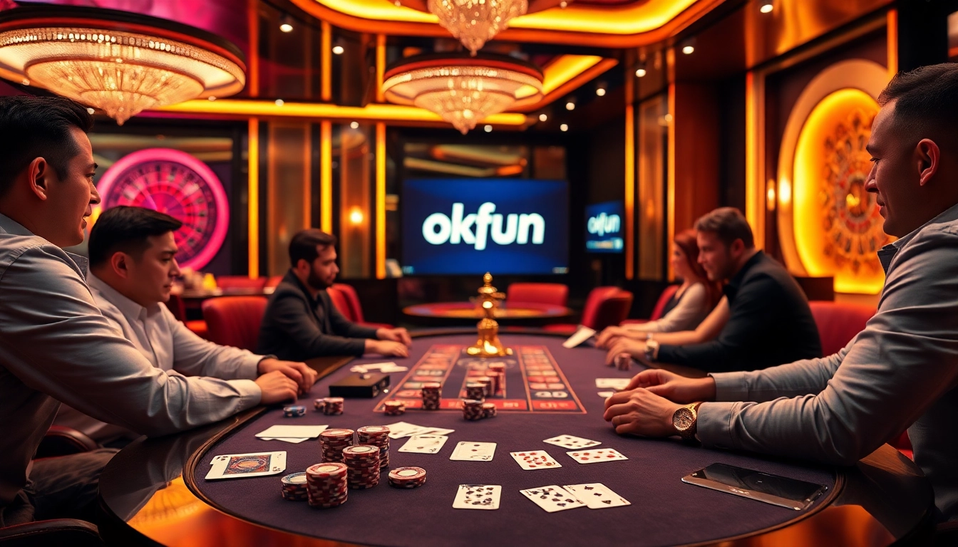 Engaged players enjoying poker at Okfun's stylish casino table amidst vibrant lights.