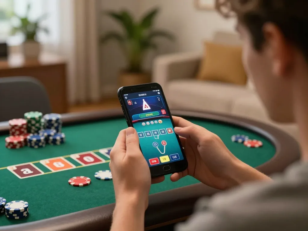 Engaging in online gk88 poker gameplay on a mobile app, showcasing strategic betting in a cozy setting.