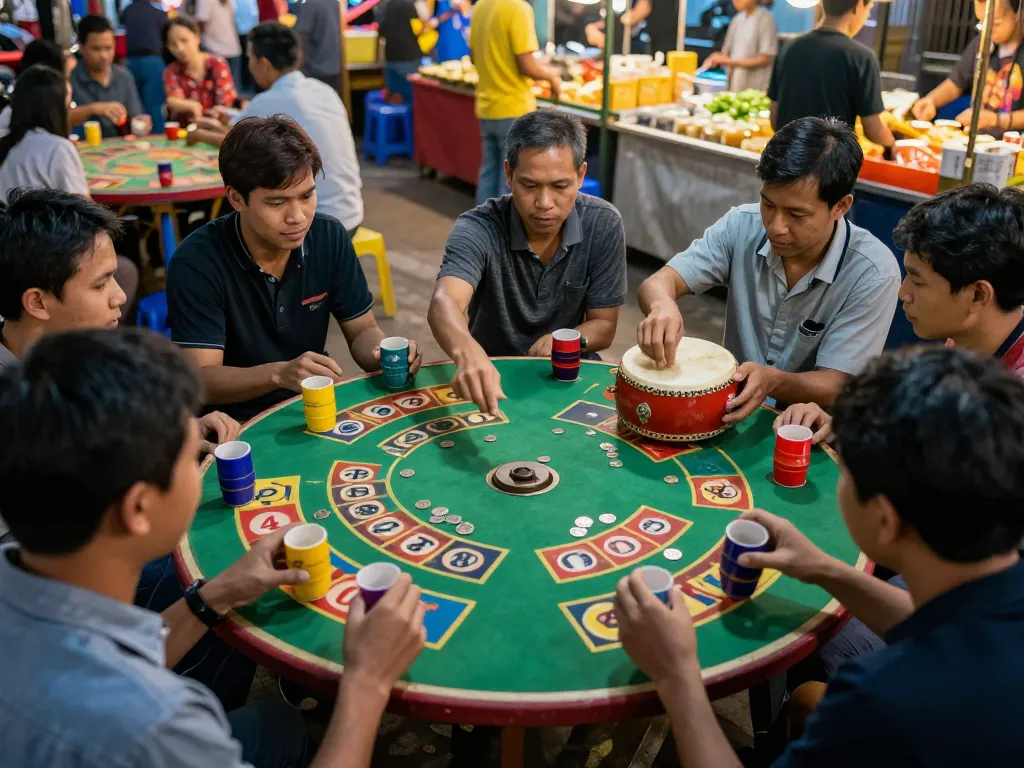 Players engaging in a lively game of xóc đĩa with colorful betting cups at a Vietnamese market.
