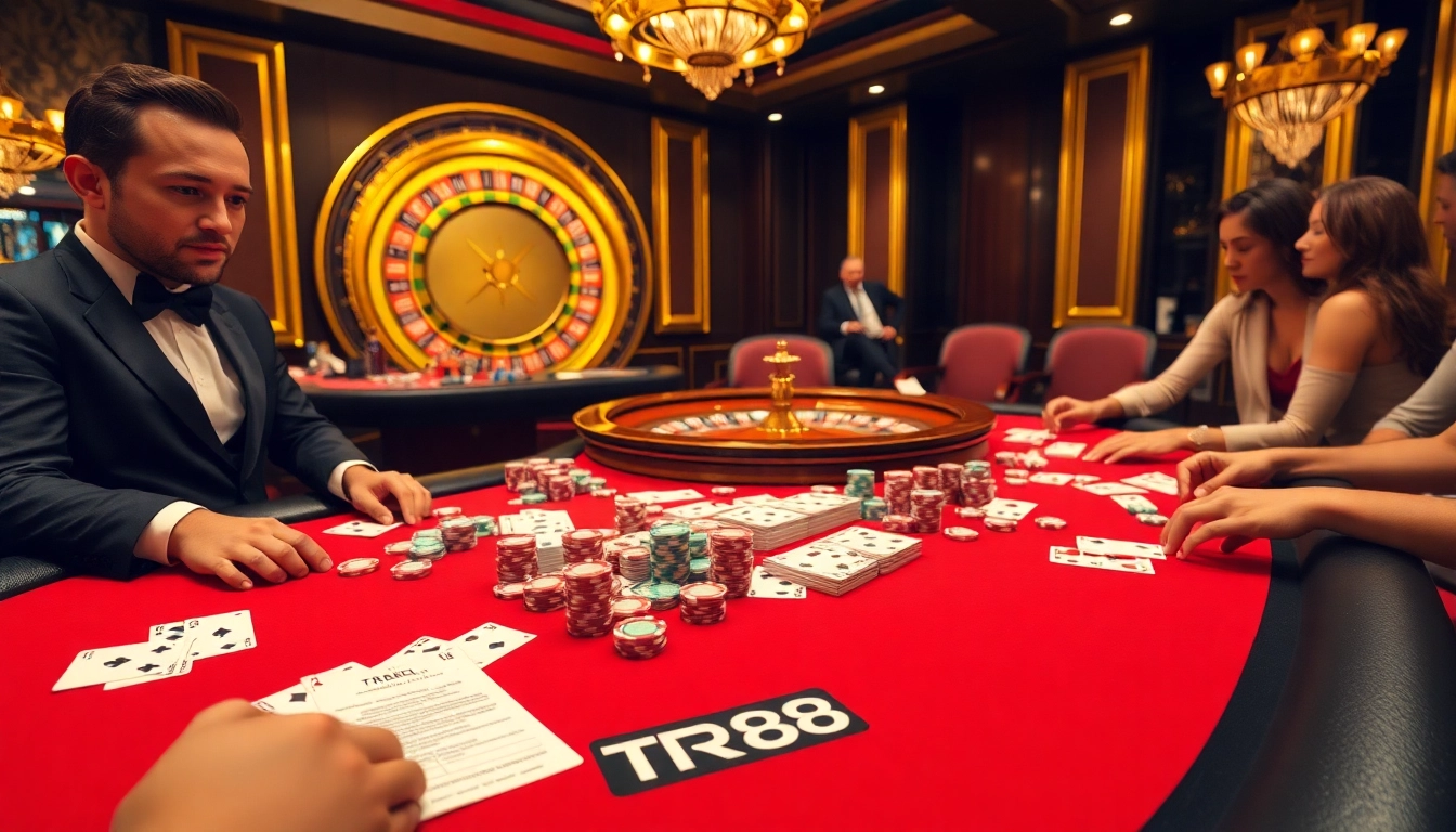 Players engaged at a poker table with TR88 betting slips demonstrating high-stakes excitement.