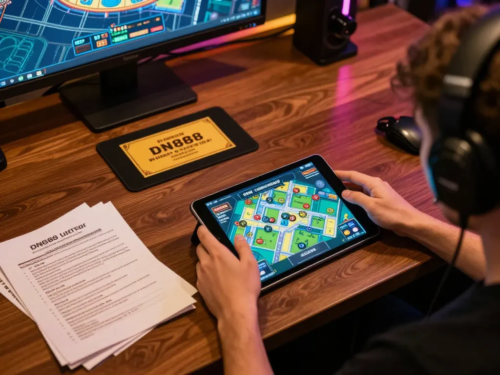Player engaging with DN888 online casino on tablet, surrounded by gambling notes in cozy gaming space.