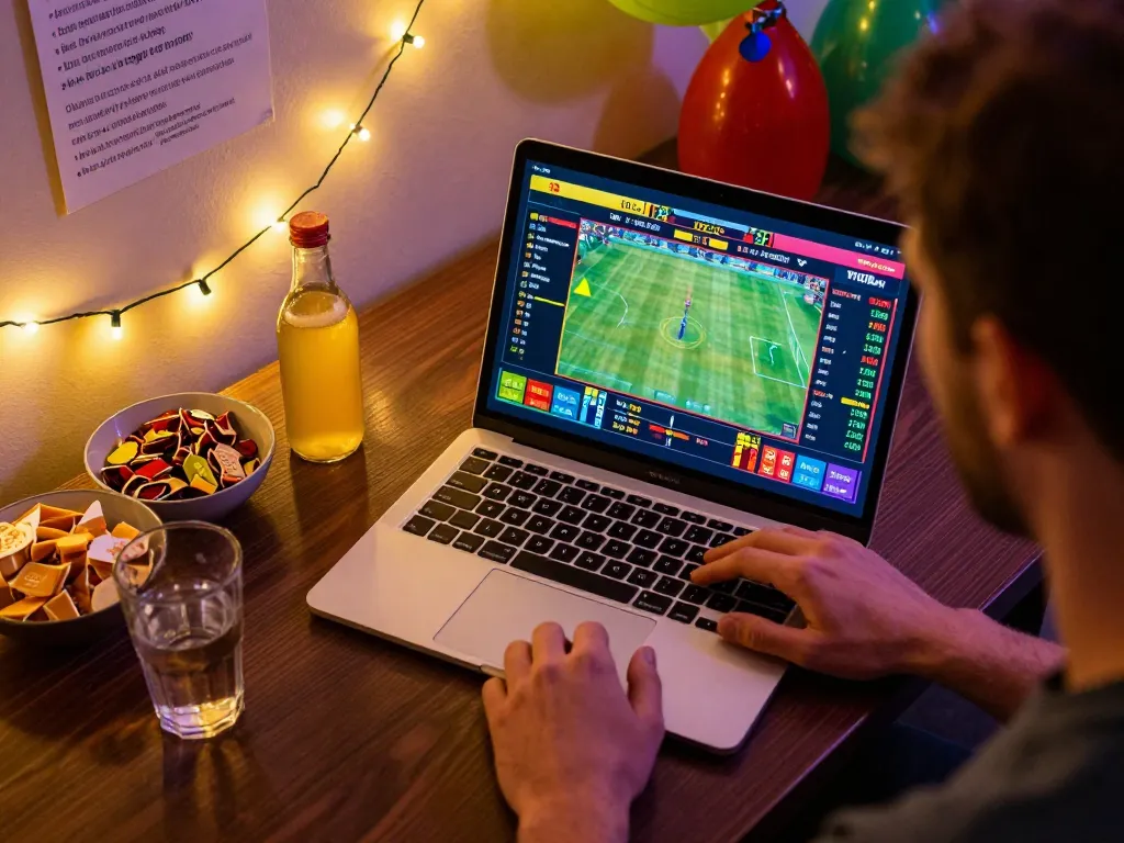 Enjoying sports betting on Fun88 from home, with live odds displayed on a laptop and snacks nearby