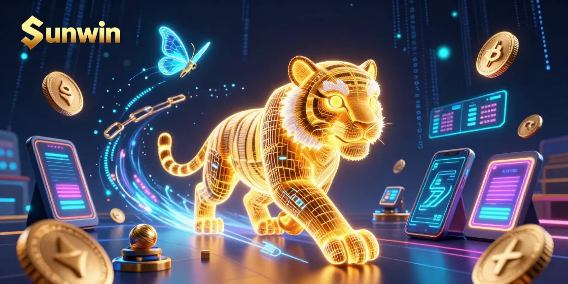 Experience exciting gameplay at Sunwin with a neon tiger and cryptocurrency elements in a vibrant casino.