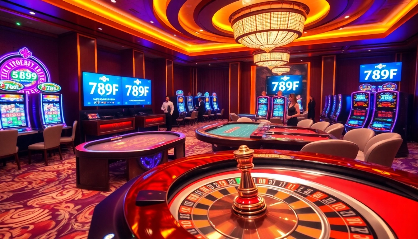 Gambling scene showcasing players engaging with 789F roulette and poker tables in a vibrant casino.