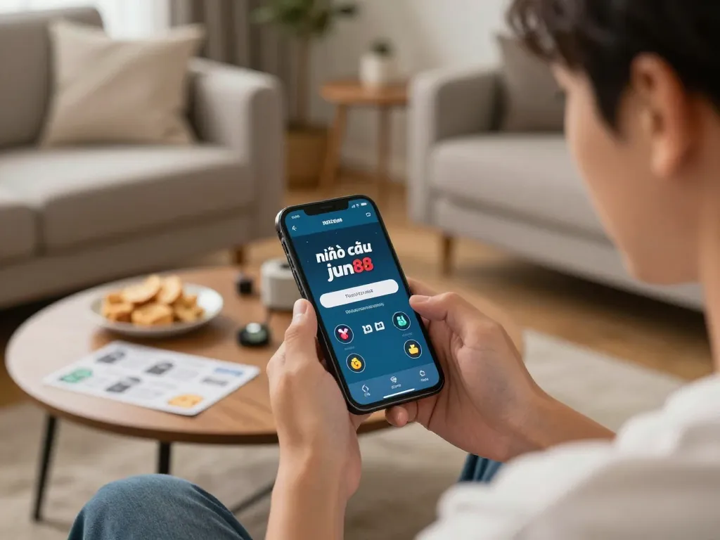 Engaging with the nhà cái jun88 app in a cozy home setting, emphasizing strategic gaming.