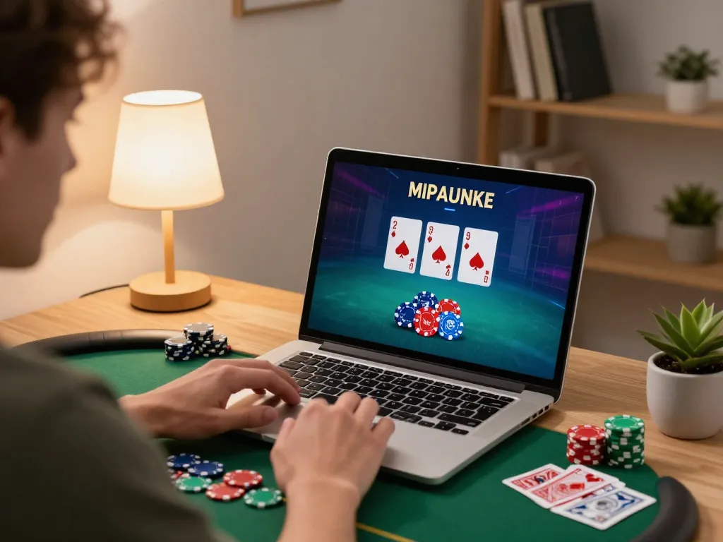 Player strategizing online poker gameplay on urr88 with focused attention and vibrant atmosphere.