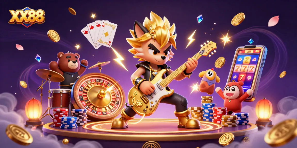 Win big at XX88 casino with the rock star wolf and drummer bear in a dynamic gaming scene.