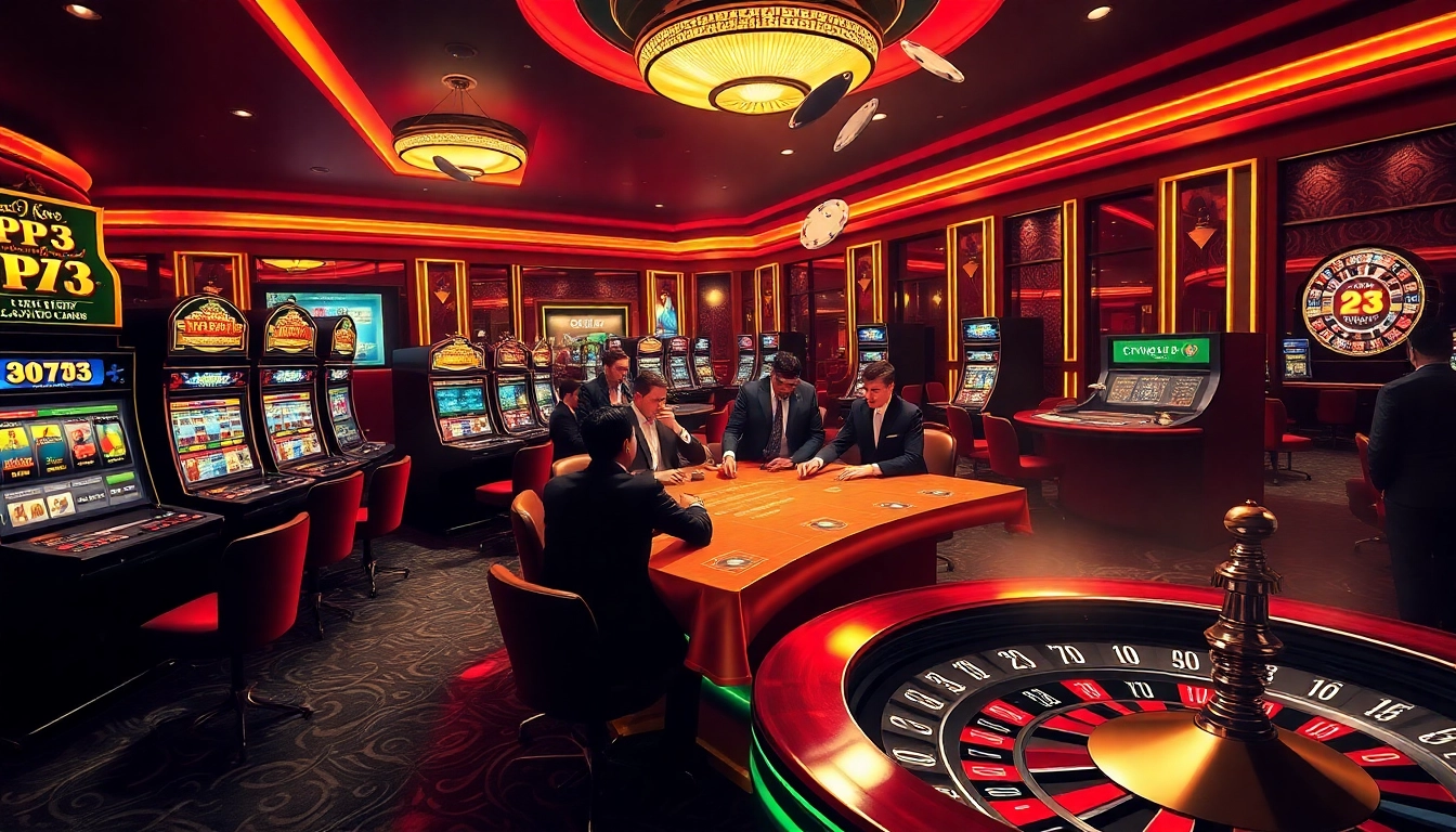 P3 casino scene with players engaging at poker table and vibrant slot machines.