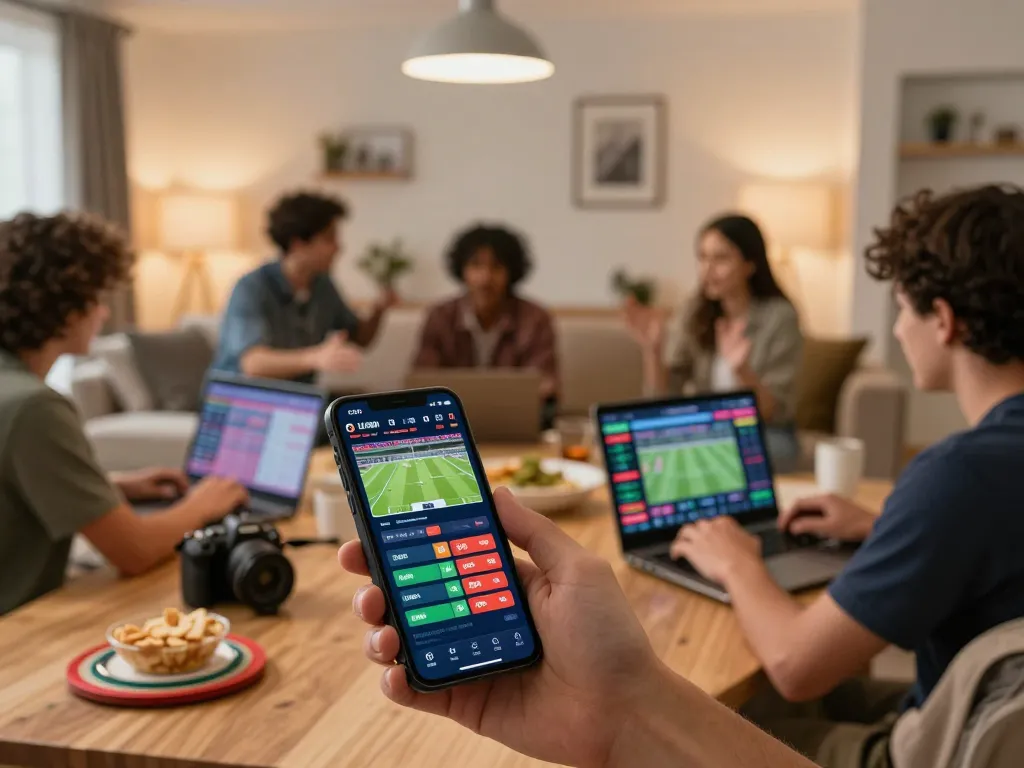 fc88on users engaging in strategic live sports betting on mobile devices in a cozy environment