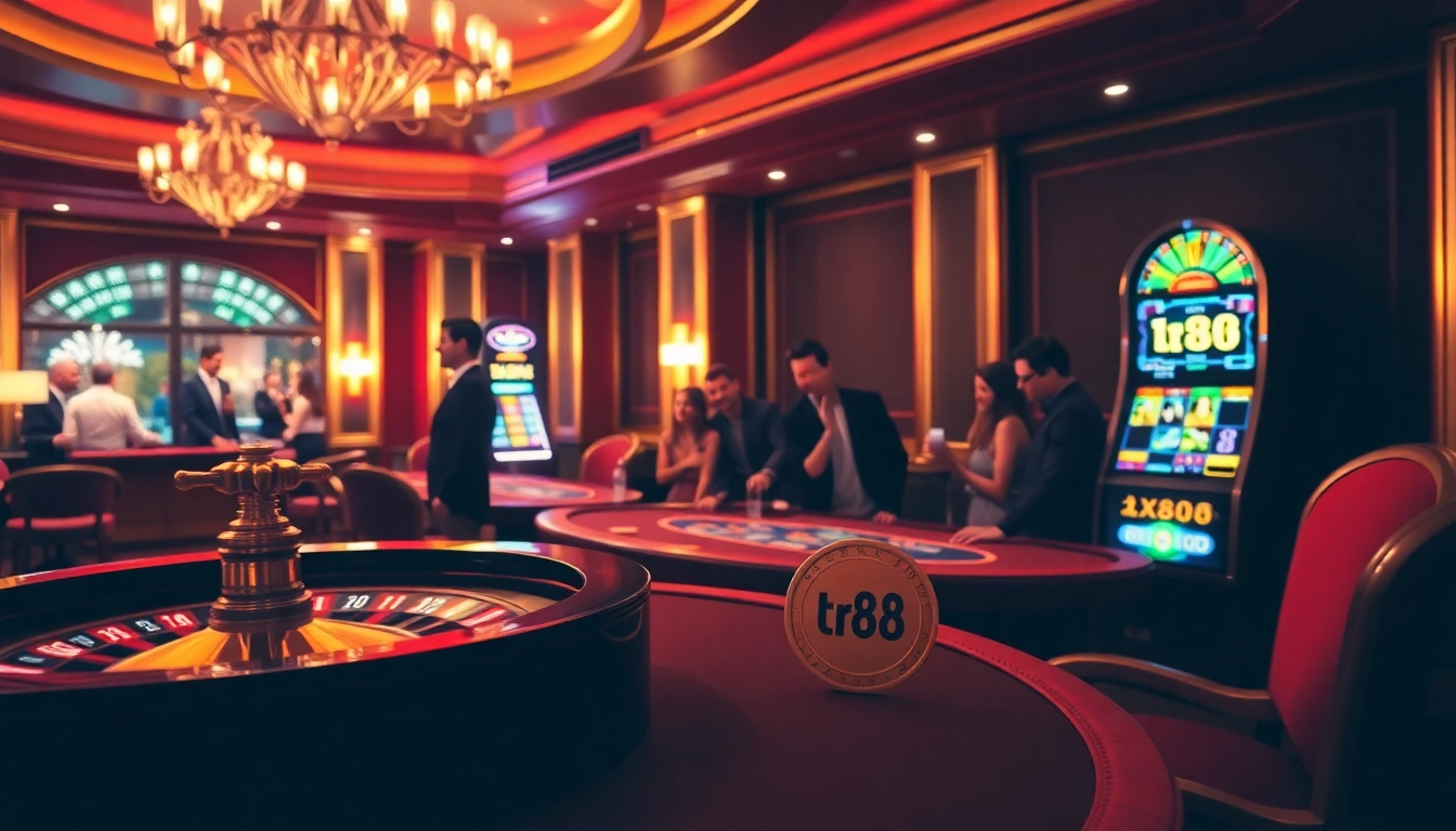 Enthusiastic players engage with tr88 gaming elements at a vibrant casino, enjoying luxury and excitement.