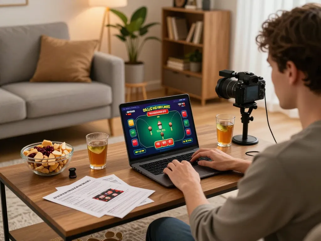 Player enjoying online casino experience on 3Win with laptop, snacks, and strategy notes