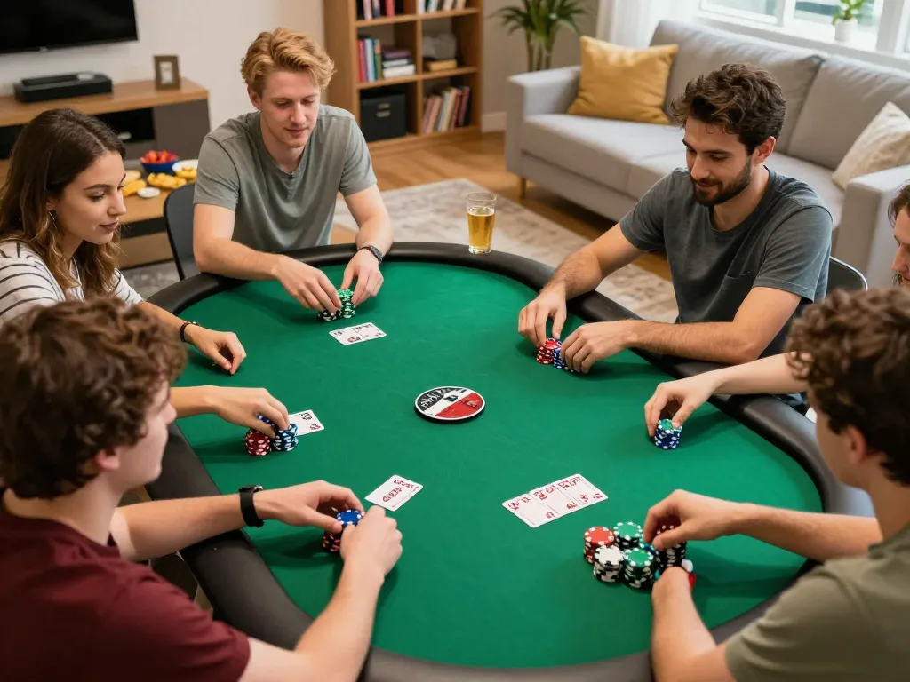 vk88 players enjoying a friendly poker night with stacked chips and engaging gameplay