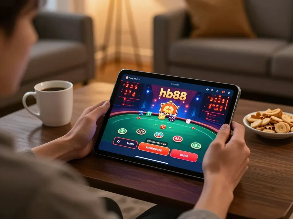 Person playing on the hb88 app in a cozy living room, engaging in responsible online gambling.