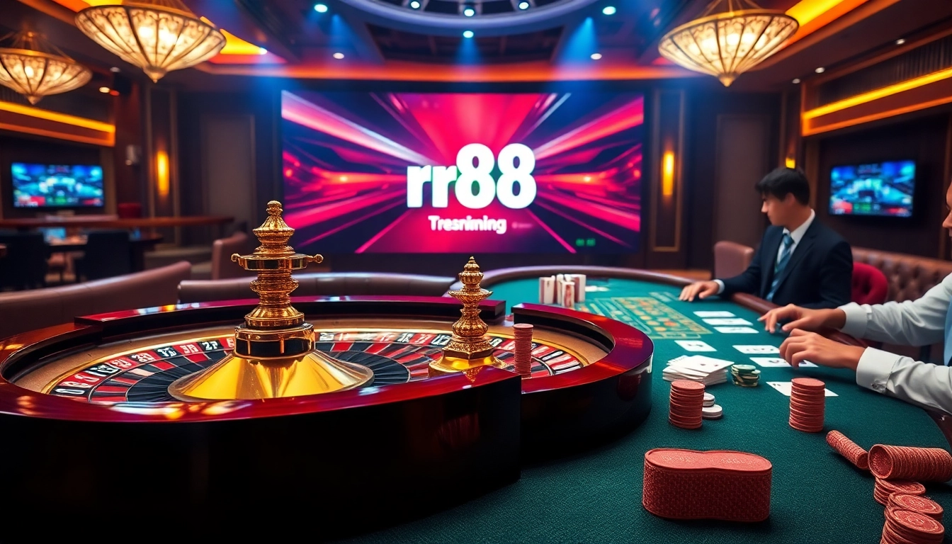Casual gamblers enjoying a game at rr88 casino with roulette wheel and poker table.
