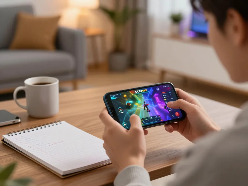 Engage in SC88 BET on a smartphone, showcasing a cozy home gaming environment filled with strategic notes.