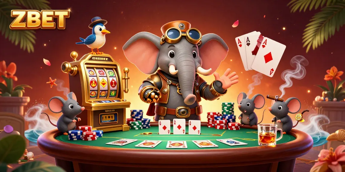 ZBET's 3D steampunk elephant engineer spins a golden slot machine amidst vibrant poker elements.