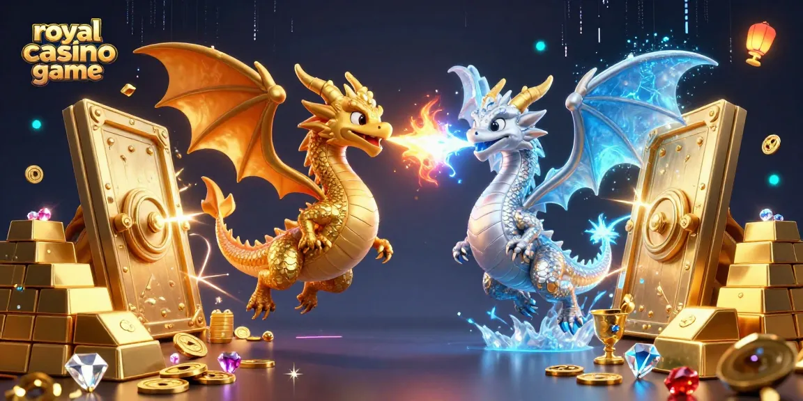 Engage in thrilling gameplay with royal casino game while twin dragons breathe fire and ice amidst treasures.