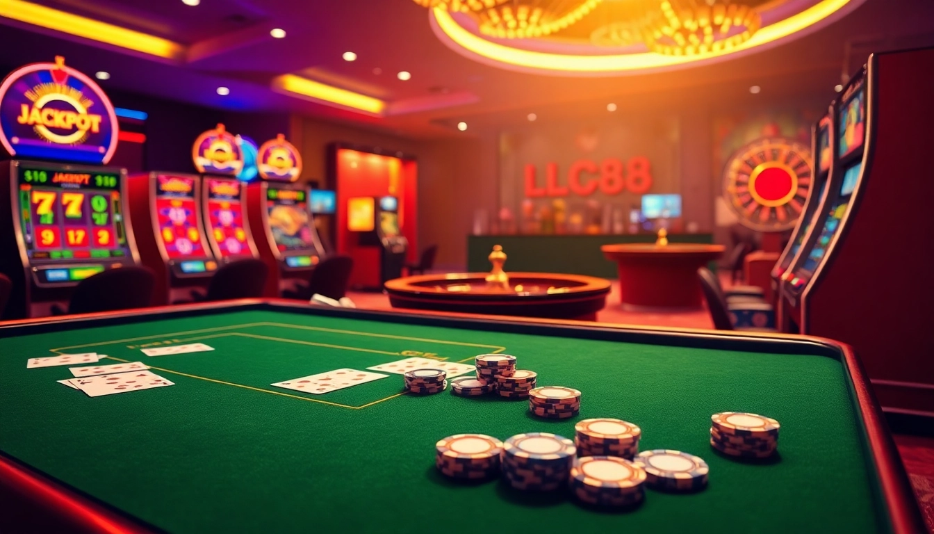 LC88 logo displayed prominently amid an exciting online casino scene featuring slot machines and poker chips.
