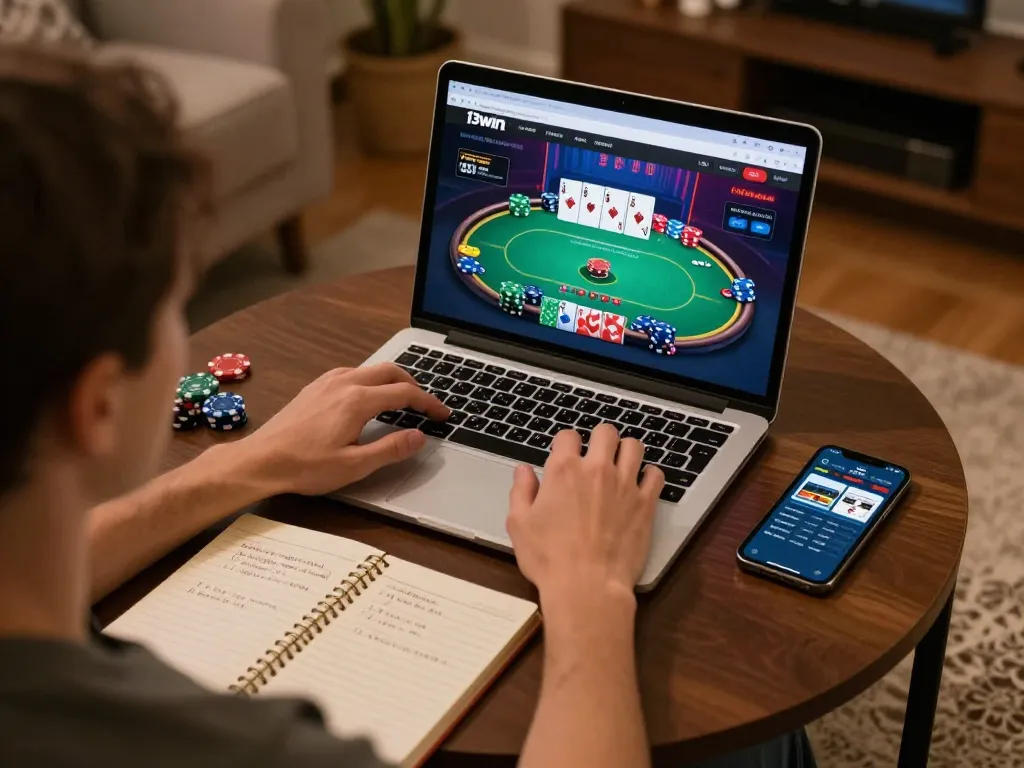 Engaging online gaming moment with 13win platform on laptop screen, showcasing responsible gambling.