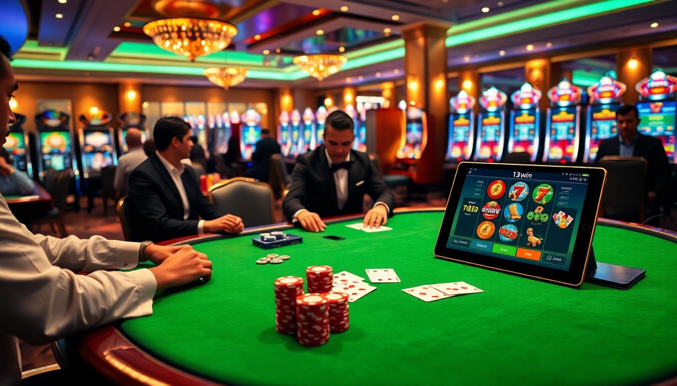 Experience winning moments at 13win.com with players enjoying a thrilling poker game in a luxurious casino setting.