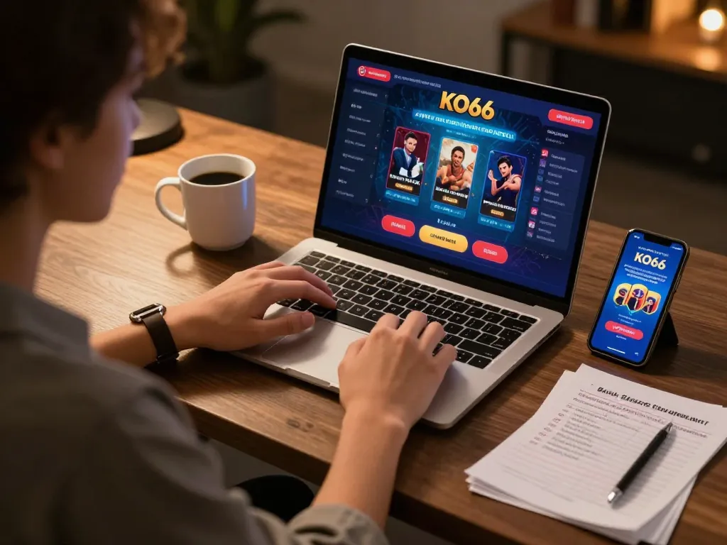 Engaging user exploring KO66 online casino on laptop and smartphone, illustrating strategic gambling.