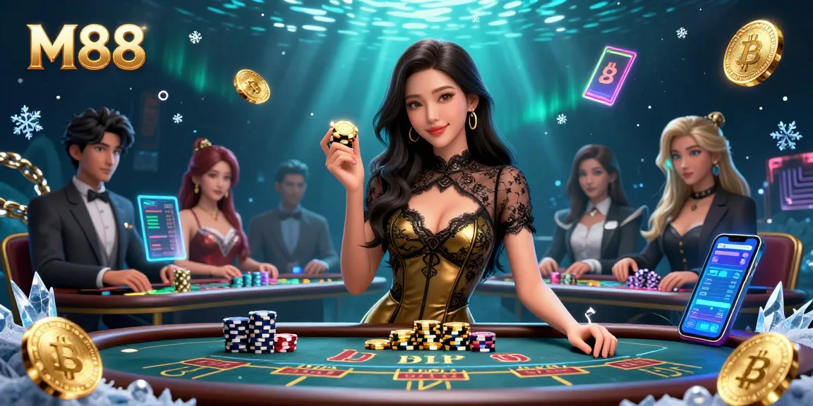 Play M88 at a VIP baccarat table, surrounded by glimmering crypto coins and luxurious ambiance.