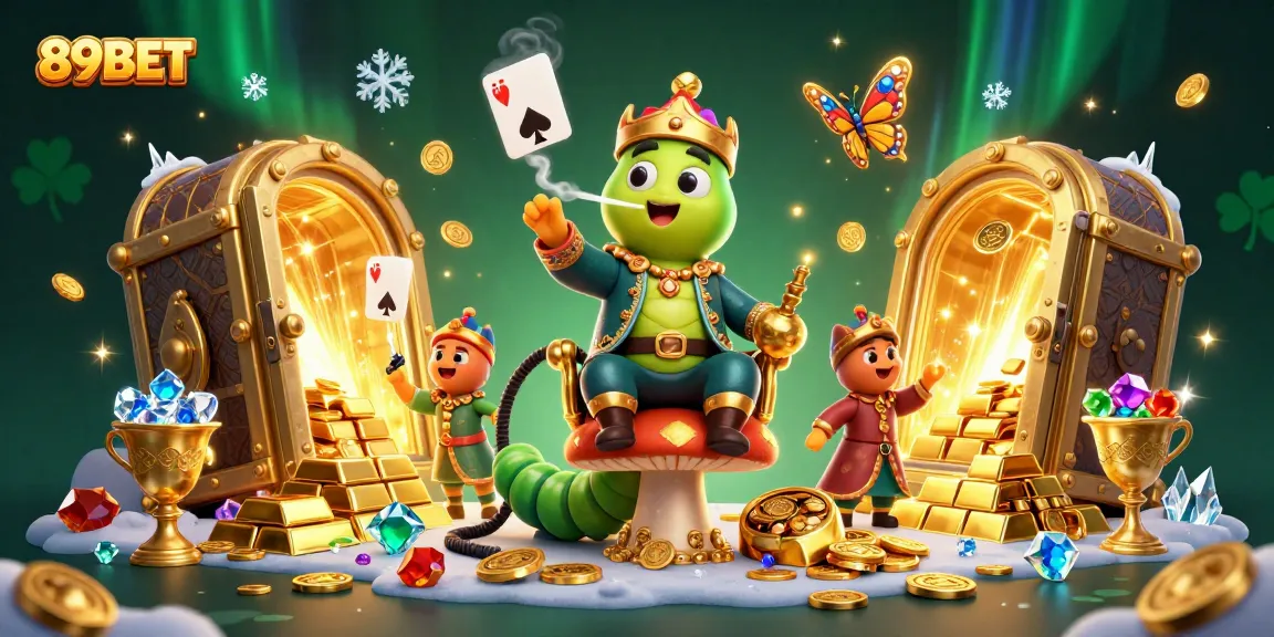 Win big with 89BET in a vibrant casino, surrounded by gold treasures and immersive 3D characters.
