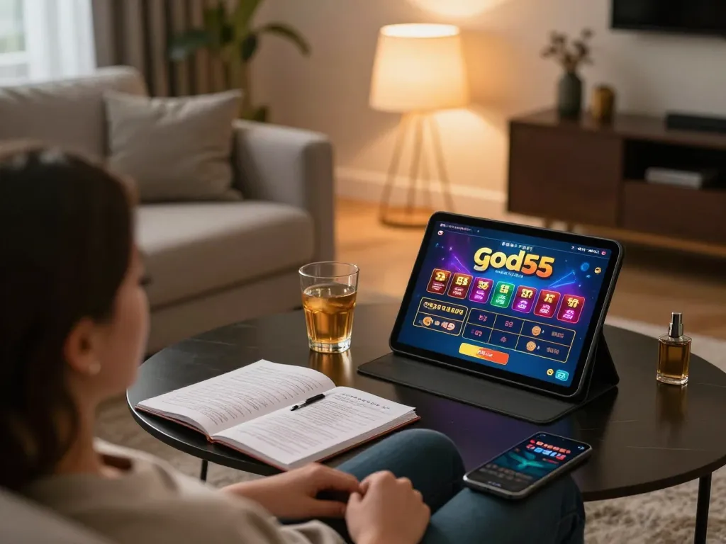 Engaging gaming session on god55 platform at home, showcasing strategic gameplay with a tablet