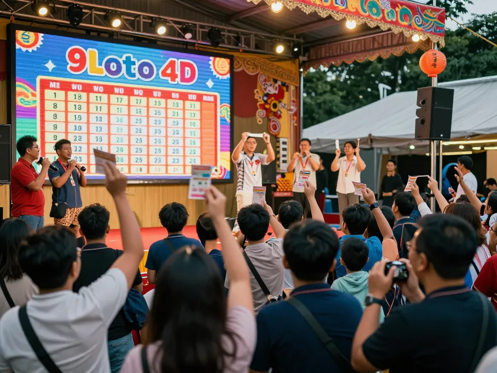 Excited crowd celebrating 9 Lotto 4D live draw results, festive atmosphere in Malaysia