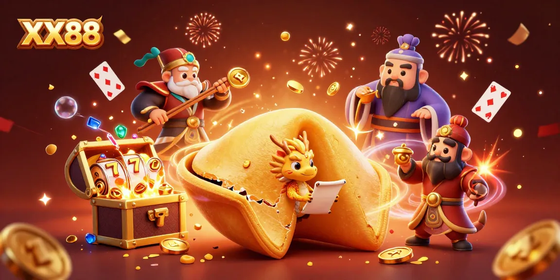 Experience the vibrant XX88 casino atmosphere with a fortune cookie and golden treasures.