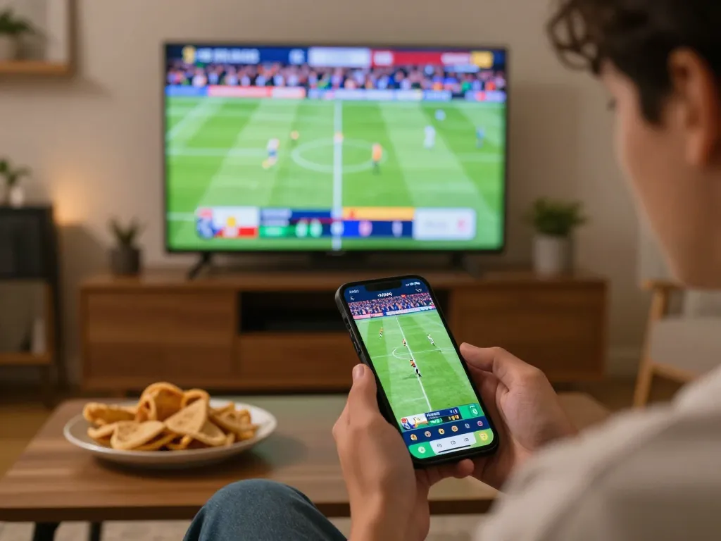 Placing live sports bets while checking ผลบอล scores on a smartphone in a cozy setting