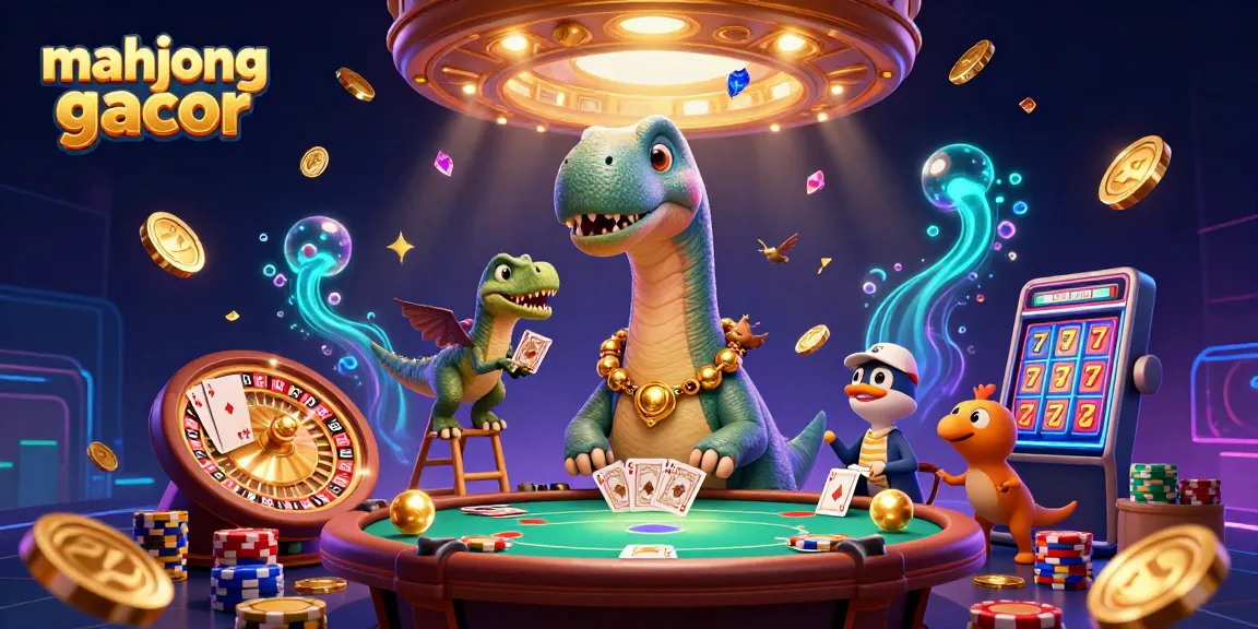 Experience the excitement of Mahjong Gacor with a vibrant casino illustration featuring playful characters and dynamic game elements.