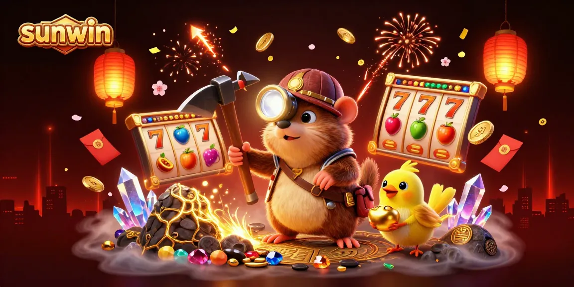 Engage with sunwin's thrilling casino adventure featuring a mole and canary amidst vibrant, dynamic game symbols.