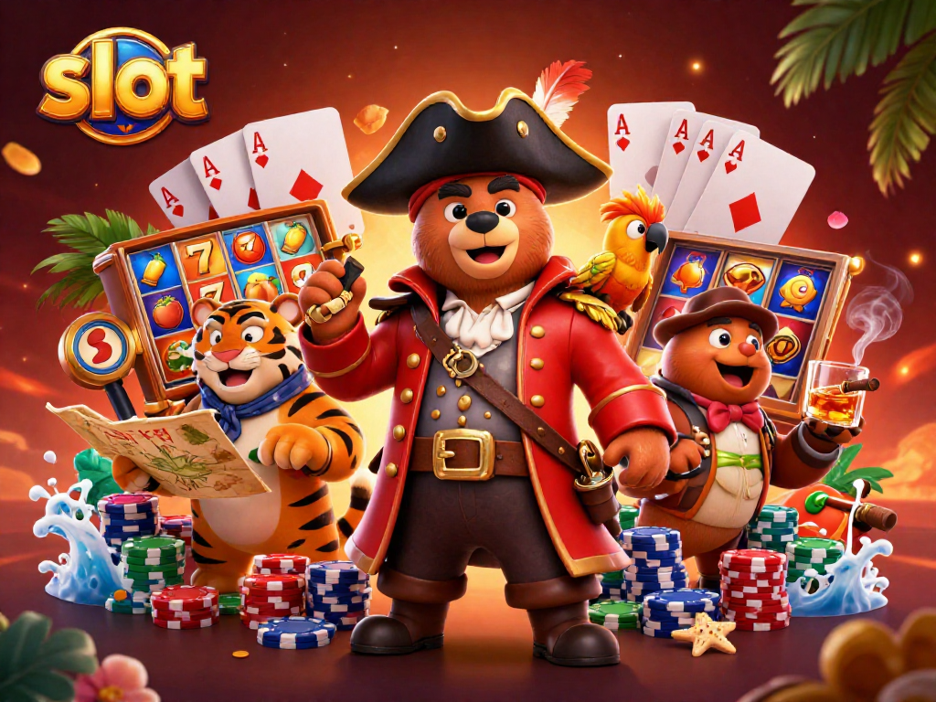 Engage with vibrant slot games alongside a pirate bear, tiger, and golden parrot.
