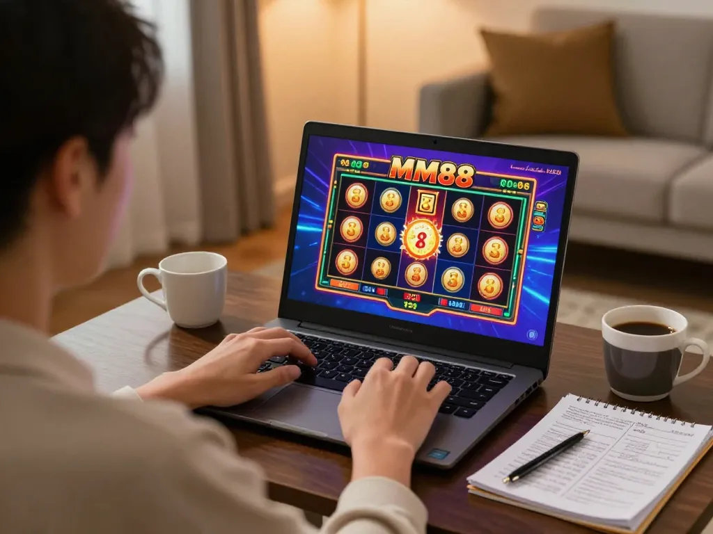 Engaging online gameplay with MM88 slot game on laptop, reflecting a cozy home gaming environment.