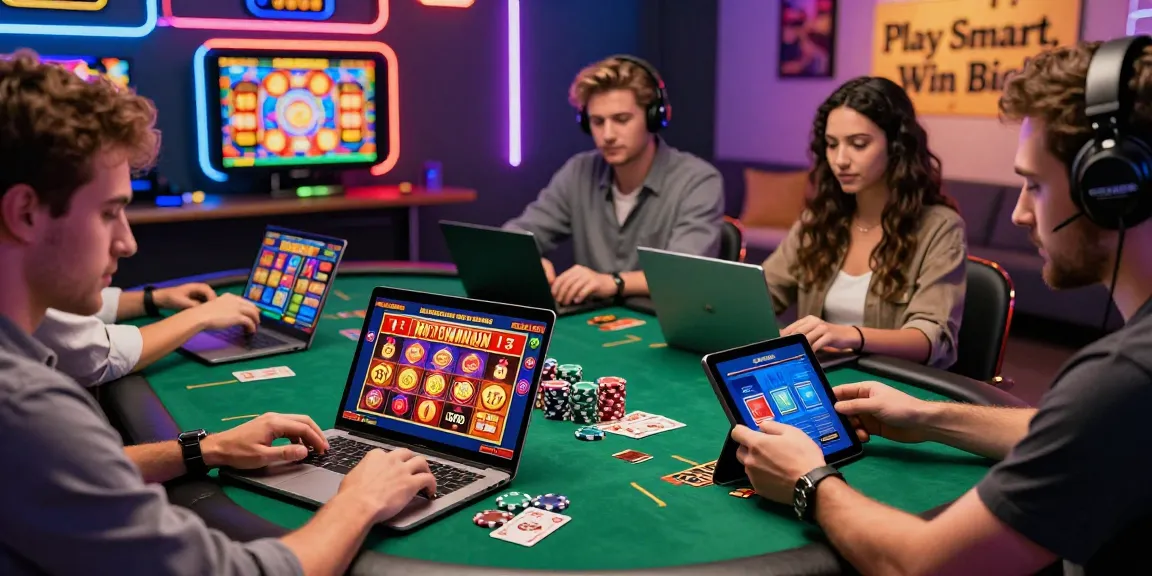 Engaging scene of players at credit card casinos, enjoying games on laptops with vibrant graphics and casino decorations in a lively atmosphere.